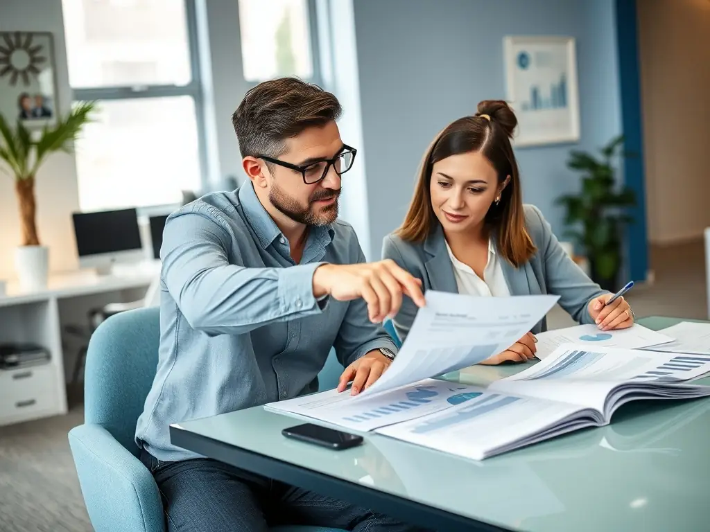 A business owner reviewing a detailed financial report with a Prudens Accounting advisor, discussing key performance indicators and financial strategies.
