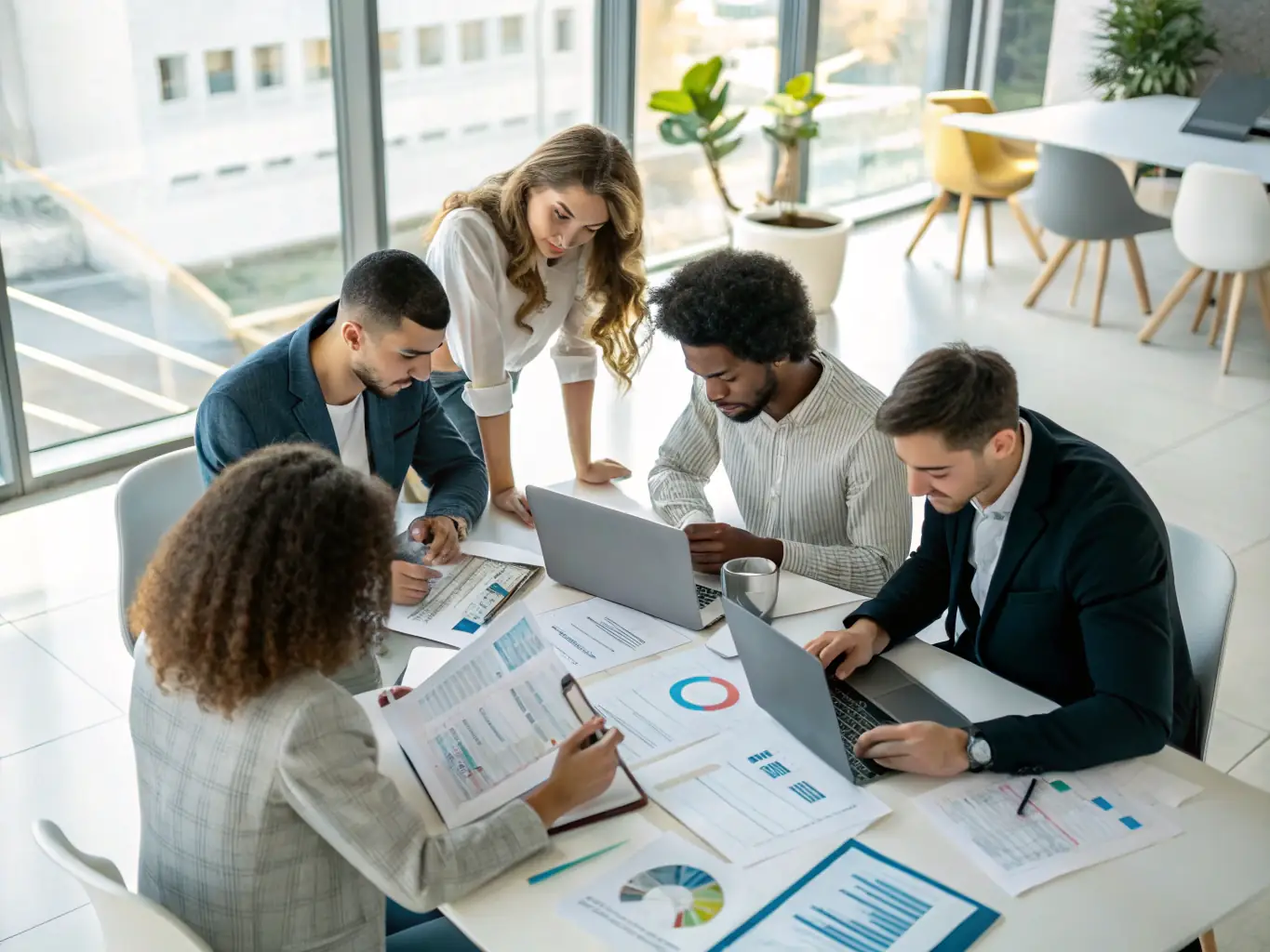 An image showing a team of accountants reviewing financial documents together in a modern office setting, symbolizing year-end compliance services.