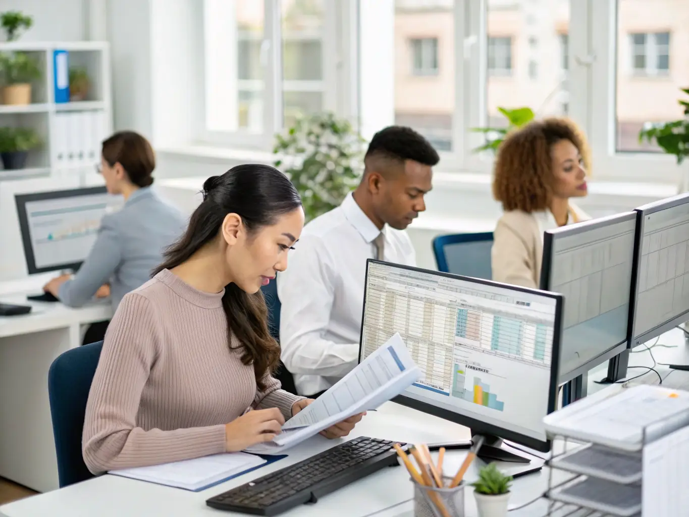 A diverse team of payroll specialists collaborating on payroll processing tasks, using advanced software and tools.