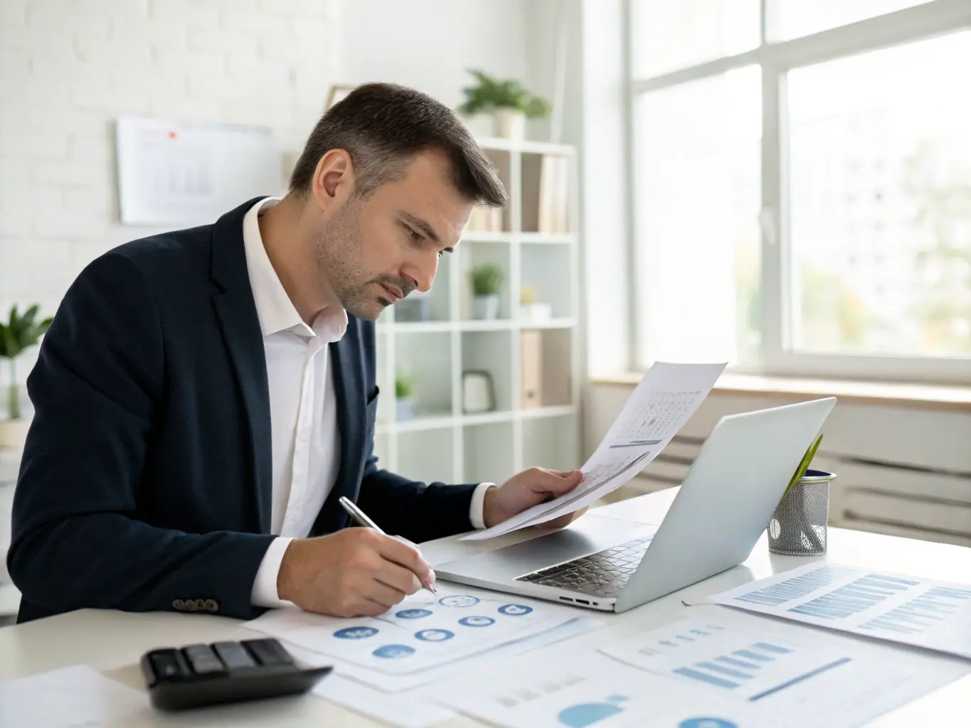 A professional accountant meticulously reviewing financial ledgers in a modern office setting, symbolizing accurate bookkeeping.
