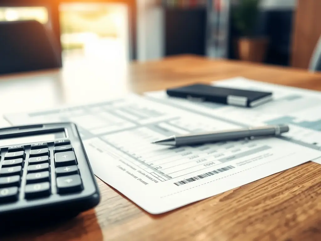 An image depicting a calculator and tax forms on a desk, representing tax return services.